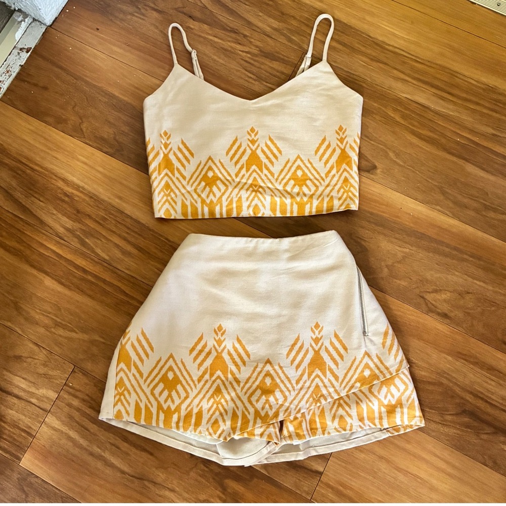 Averie Linen Blend Skort and Crop Top Set Yellow Geometric Print Large Boho